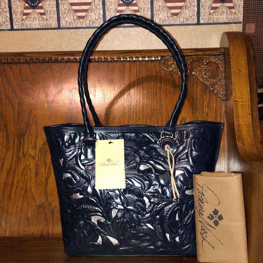 NWT-Patricia Nash-Adeline Burnished Tooled Metallic Cutout Tote-Lapis Blue-$269